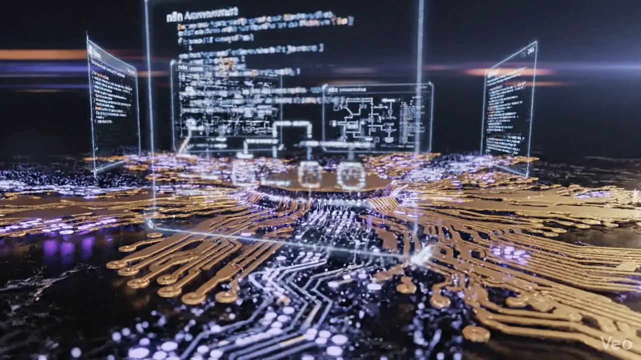 Circuit électronique doré sur lequel flottent des panneaux holographiques de flux d'automatisation.